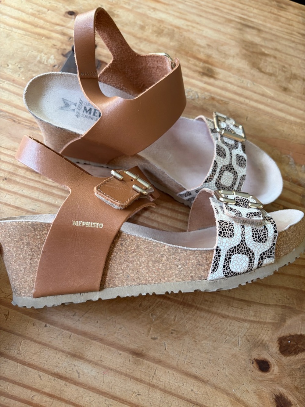 Mephisto Lissandra Cork Wedge Platform Sandals Leather Brown Cream Gold Size 10